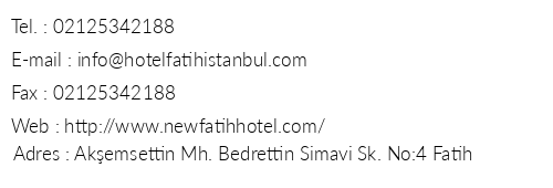 New Fatih Hotel telefon numaralar, faks, e-mail, posta adresi ve iletiim bilgileri